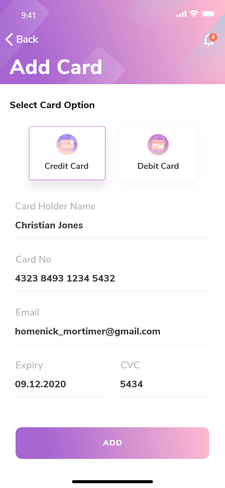 Add Card Details Screen